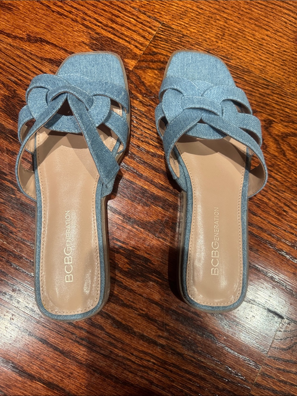 BCBGeneration Light Blue Denim Braided Slide Mules